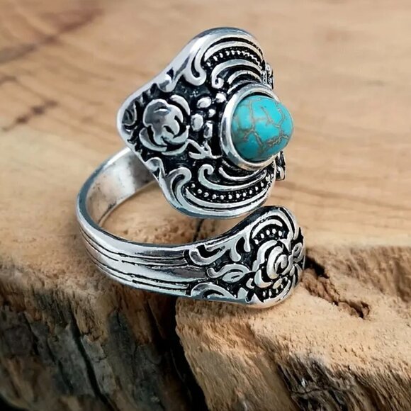 Boho Rose and Flowers with Faux Turquoise Adjustable Spoon Ring #1221 - Picture 5 of 16